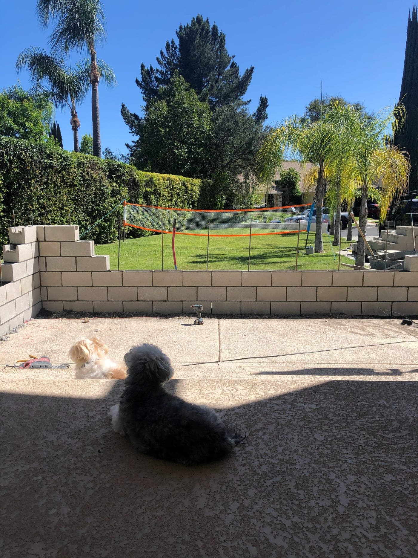 Block wall under construction on the Los Angeles exterior project before its smooth stucco finish