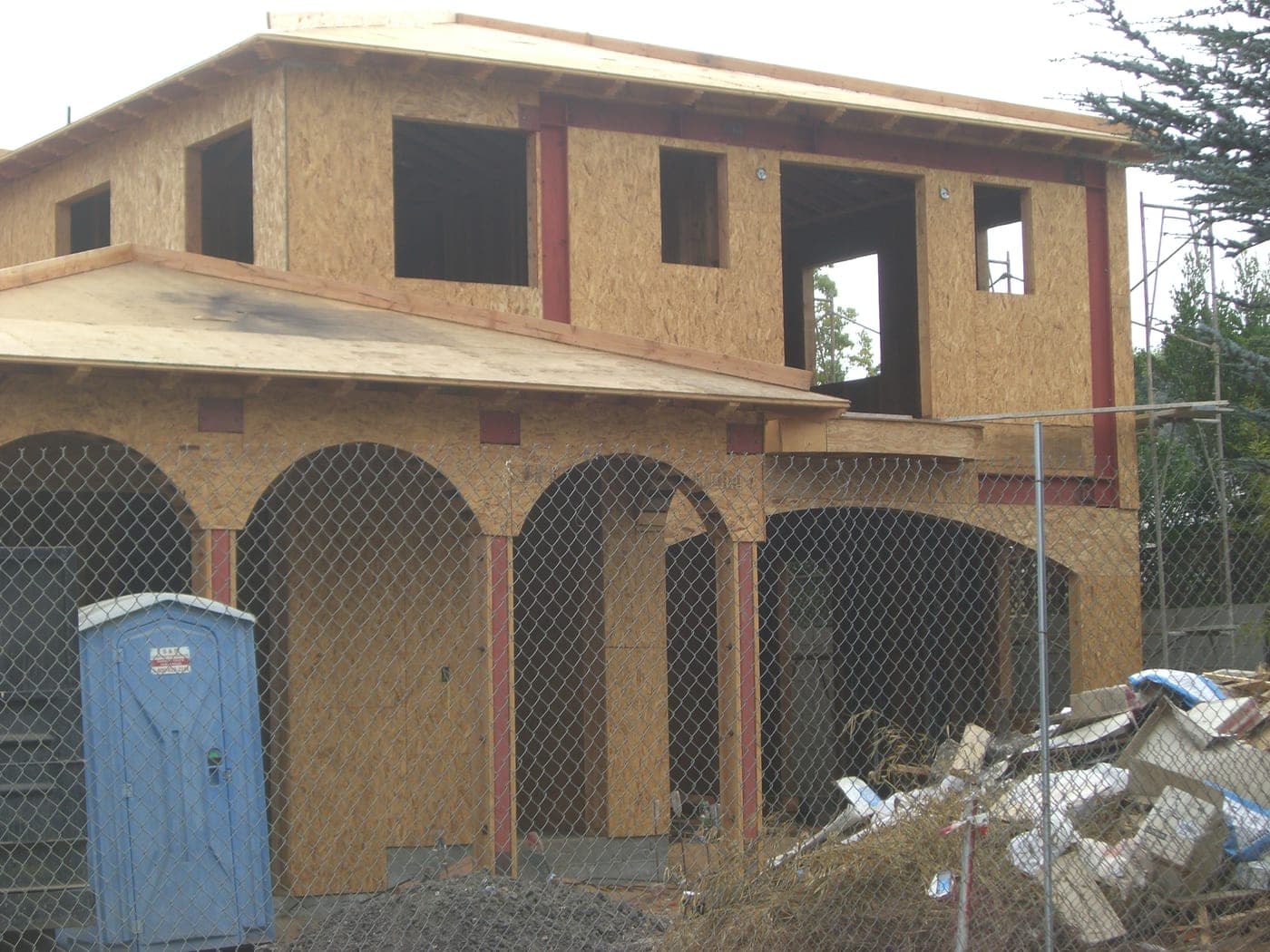 Two-story wood framing sheathed and ready for the building envelope on a new home in West Los Angeles