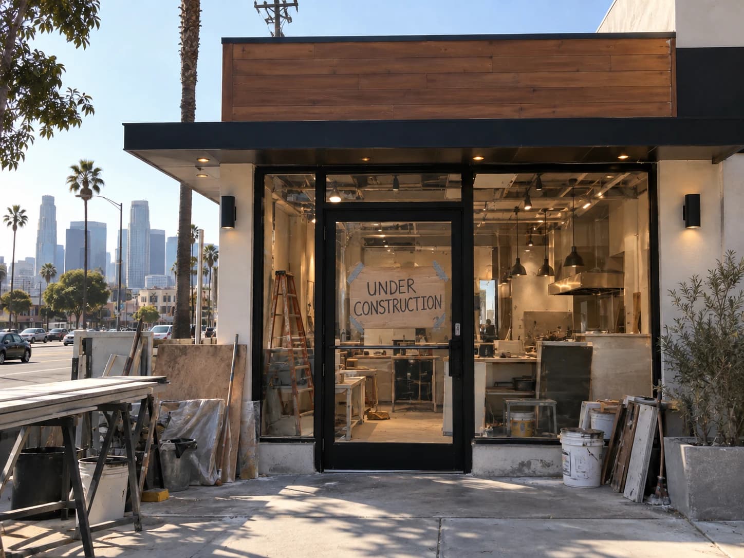 A restaurant space under construction behind a glass storefront, with a hand-lettered Under Construction sign in the door
